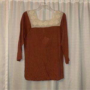 Anthropologie Rust Blouse with Cream Lace Yoke